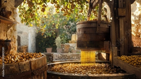 Obraz A scenic view of a rustic olive press in action, with fresh olives being crushed and oil flowing, highlighting traditional methods.