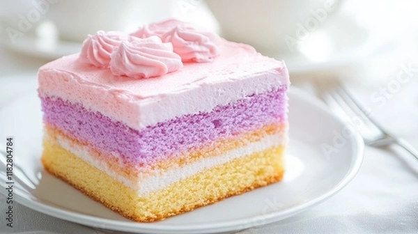 Fototapeta A square layer cake with pastel ombre frosting on a clean white plate.