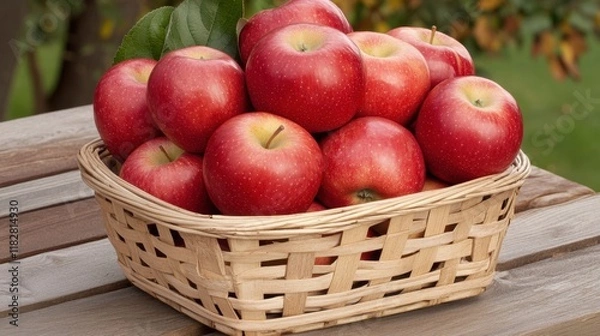 Fototapeta A basket full of ripe apples resting on a wooden table with a natural background.
