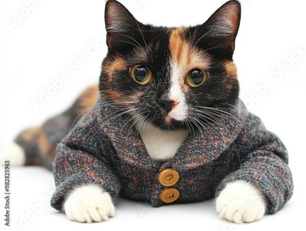 Fototapeta Adorable Calico Cat in Stylish Tweed Coat, Close-up Studio Portrait
