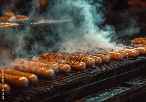 Fototapeta A Close-Up of Grilled Sausages on a Barbecue Grill with Smoke Rising, Ideal for Food Lovers, Cooking Enthusiasts, and Summer Gatherings
