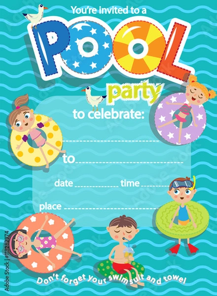 Fototapeta Pool party. Invitation template card. Kids fun in pool