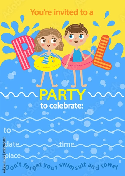 Fototapeta Pool party. Invitation template card. Kids fun in pool