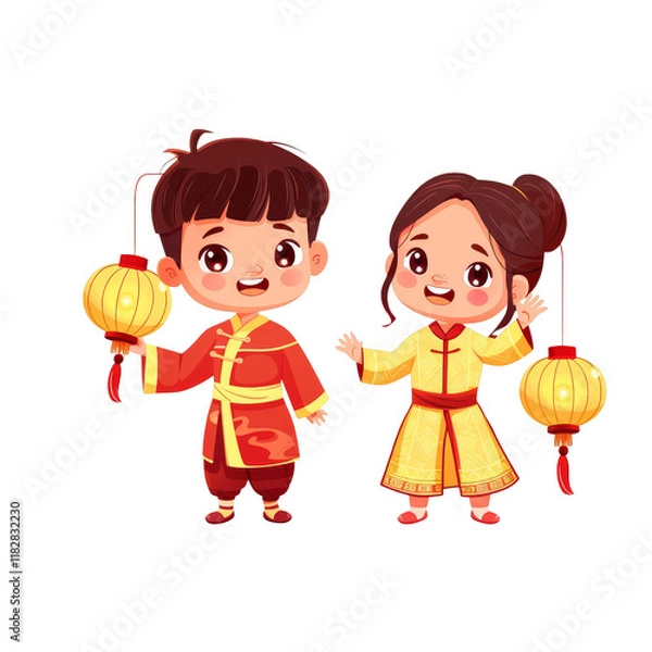Obraz Two happy children in traditional Chinese clothing holding lanterns.