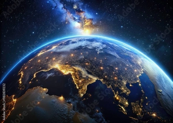 Fototapeta Stunning Night Earth: Space View, High-Resolution, City Lights, Deep Space, Planet Earth, Night Photography, Global Illumination, Celestial Sphere, Dark Universe, Galaxy Background