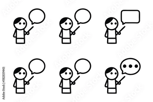 Fototapeta Set of speech bubble icons featuring characters presenting various messages and ideas in minimalistic line art icon set