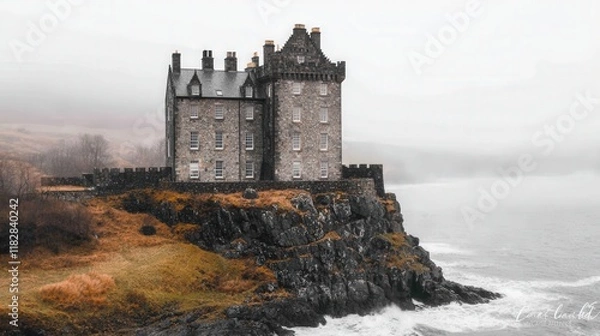 Fototapeta Monument cultural and iconic, A stone castle stands on a rocky cliff by the sea, surrounded by mist and nature, exuding a mysterious and historic atmosphere.