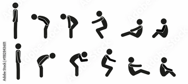 Fototapeta 
stick man is standing, bent over, sitting, a set of human figures in different poses, pictogram, flat illustration