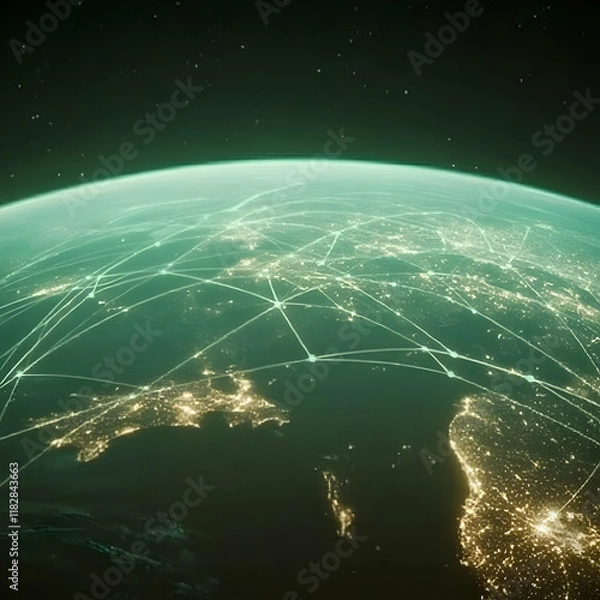 Fototapeta Planet Earth with Network Connections Shows Global Communication and Data Exchange