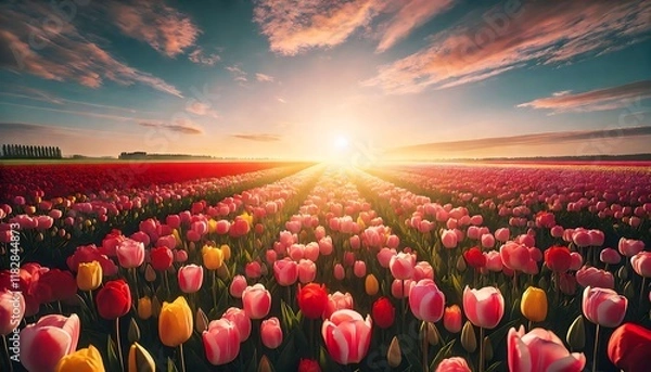 Obraz Field of tulips in red, pink, and yellow tones stretching toward a bright, cloudless horizon