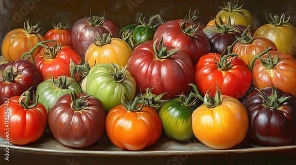 Fototapeta Vibrant Assorted Tomatoes in Rich Colors and Textures Captured in Dramatic Lighting