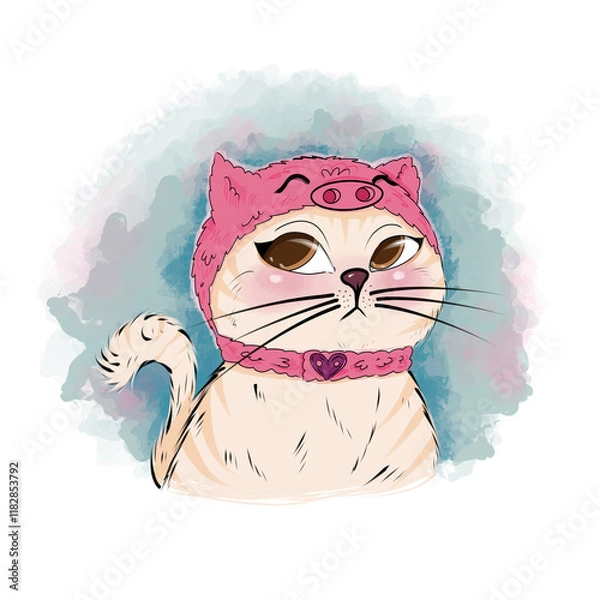 Fototapeta cute cat in a hat with a pig