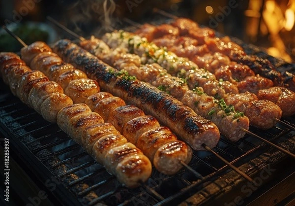 Fototapeta Grilled Meat Skewers Lined Up on Barbecue Grill with Smoky Background, Showcasing Various Deliciously Spiced and Cooked Meats Ready for Serving at Outdoor Feast