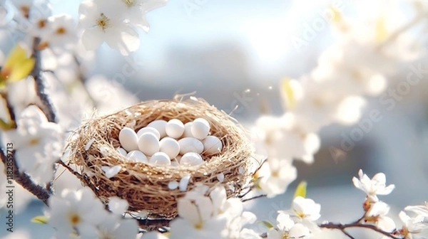 Fototapeta Bird's nest filled with white eggs nestled in blooming cherry blossoms under sunlight.