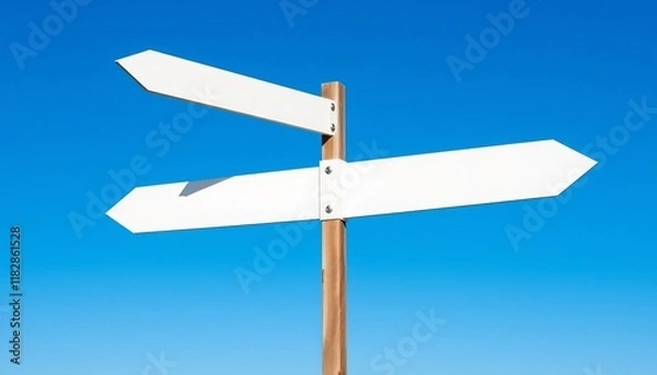 Fototapeta Blank White Directional Signpost Against a Vivid Blue Sky Choice Decision Direction Wayfinding