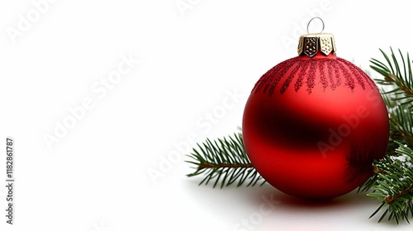 Fototapeta Shiny Red Christmas Ornament Rests Gently Beside a Sprig of Pine, Evoking Festive Cheer.