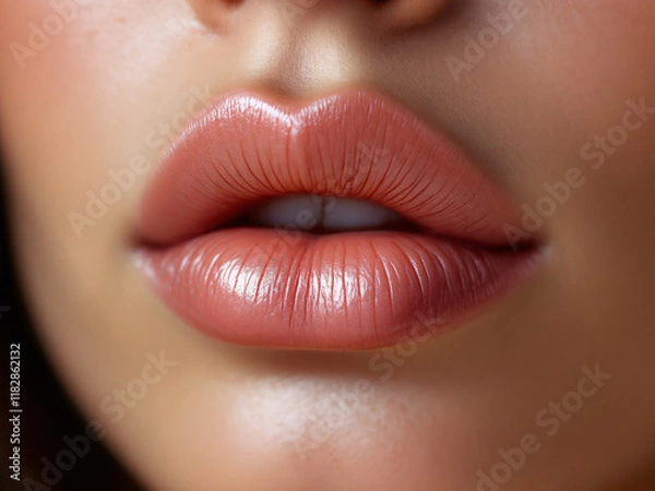 Fototapeta Close-up of glossy pink lips with smooth, shiny texture, exuding natural beauty and allure.
