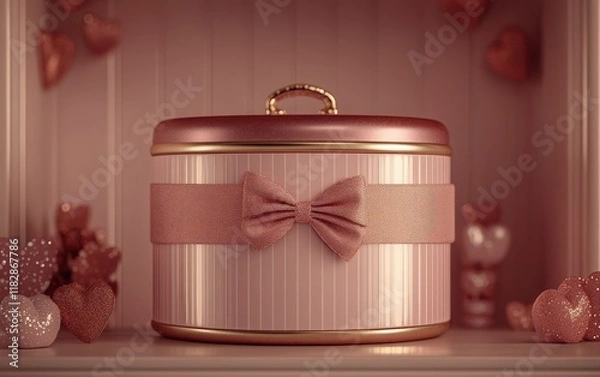 Fototapeta A charming pink gift box adorned with a delicate bow rests gracefully on a shelf, radiating love and anticipation for Valentine's Day surprises.
