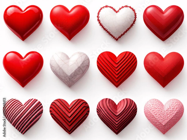 Fototapeta Diverse collection of red hearts in various textures and styles, symbolizing love and creativity.