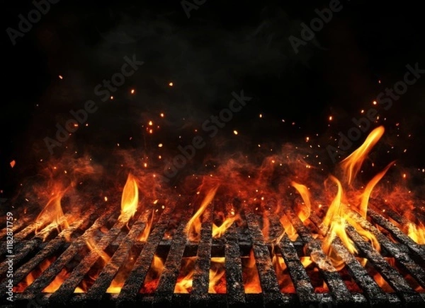 Fototapeta Intense Flames Dancing Above a Charred Grill Surface with Glowing Sparks Lighting Up the Dark Background Creating a Dramatic and Fiery Atmosphere