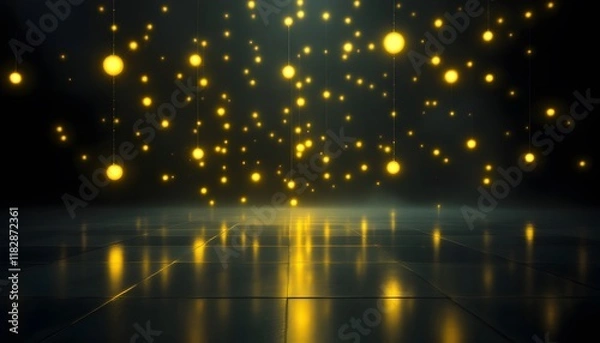 Fototapeta Golden orbs hanging against a dark backdrop create a mysterious and elegant atmosphere - hinting at possibility and magic - ideal for events, website backgrounds, and social media posts,