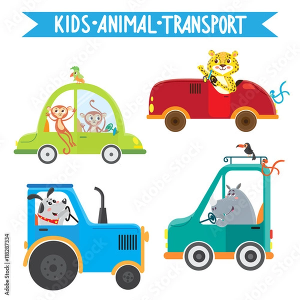 Fototapeta Funny animals on transport. Monkey, leopard, rhino, dog. Vector illustration on white background.  Kids cartoon.