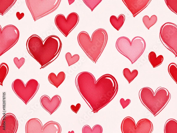 Fototapeta Repeating pattern of watercolor red hearts on a light background, evoking a romantic feel.