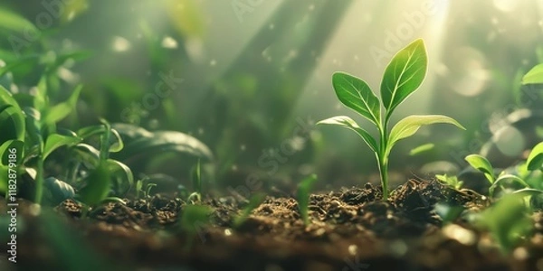 Fototapeta Growing seedling sprouts in fertile soil. concept of growth and environmental sustainability