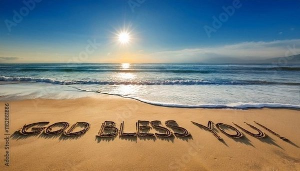 Obraz 晴れた日の海の砂浜に書かれた祝福の言葉god bless you。背景は青い空と打ち寄せる波の風景。aiで生成