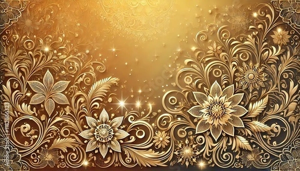 Fototapeta Golden ombre background with intricate floral cutout designs and sparkling details
