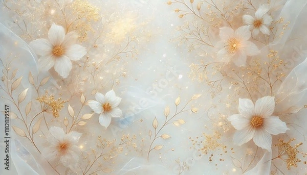 Fototapeta Ethereal white background with translucent floral overlays and soft gold glitter speckles