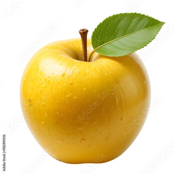 Fototapeta Top view of yellow apple with leaf isolated on transparent background