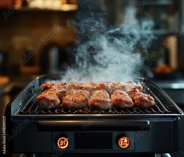 Fototapeta Sizzling Meats Cooking on a Modern Grill with Smoky Aroma in a Cozy Kitchen Setting