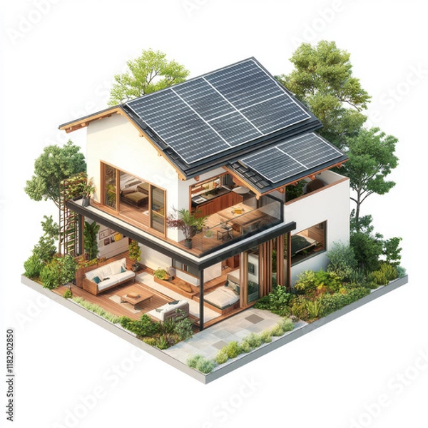 Fototapeta Modern eco friendly house with solar panels and lush greenery