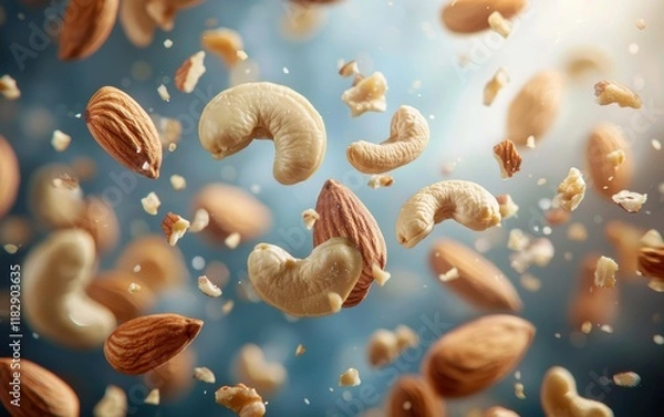 Fototapeta Floating almonds, walnuts, and cashews creating a healthy snack explosion in the air