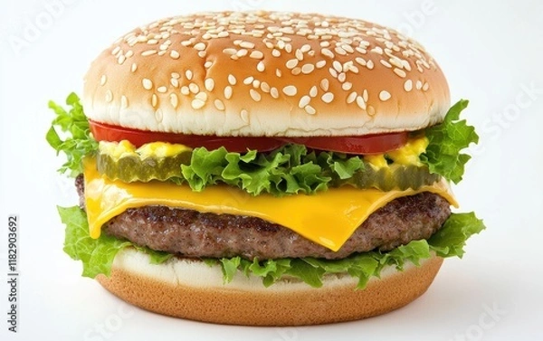 Fototapeta Flying burger with layers of lettuce, cheese, and patty suspended in mid-air against a white background