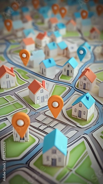 Fototapeta 3D Map Shows Location Pins Marking Houses in a Residential Area with Roads and Green Spaces.