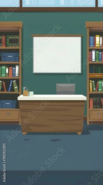 Fototapeta Empty office room interior with desk, bookshelves, whiteboard.