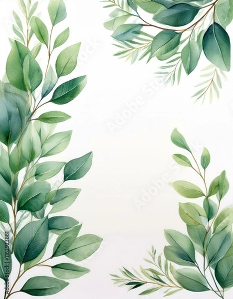Fototapeta Watercolor Greenery Frame. Lush leaves create a beautiful border.