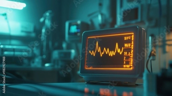 Fototapeta a close-up of a heart rate monitor displaying a steady pulse line on a glowing screen, set in a dimly lit hospital room with subtle medical equipment in the background.