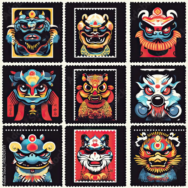 Obraz Colorful mythical creature stamps in grid, each with unique designs