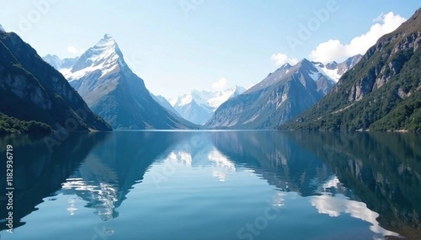 Obraz Mountain peaks reflected in still waters of a fjord, reflection, glassy surface