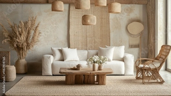 Fototapeta Rustic living room, neutral decor,  natural light, pampas grass, interior design