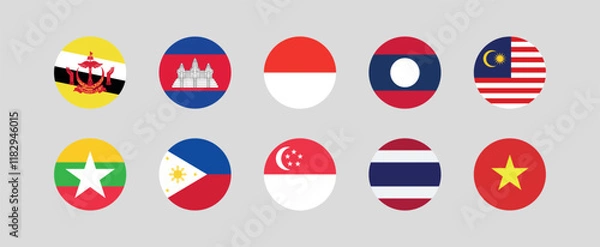 Fototapeta Flag of All ASEAN member countries. ASEAN countries round flag Bundle.