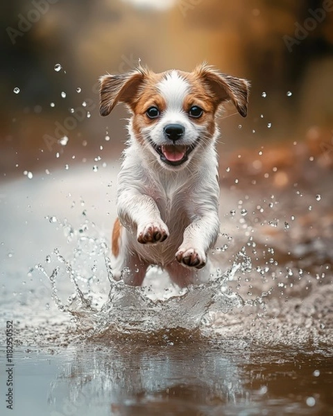 Fototapeta A playful puppy splashing in a shallow puddle, with water droplets flying through the air