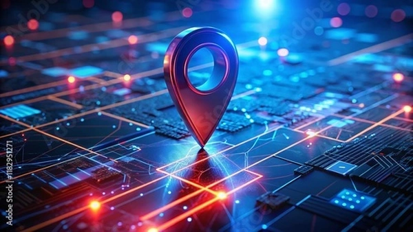 Fototapeta Futuristic AI Map Pin Location: Glowing Blue and Red Tech Background Stock Photo
