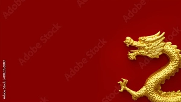 Obraz Chinese New Year celebration photo frame golden dragon on red background