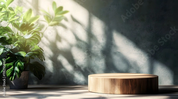Fototapeta Minimalist wooden pedestal amidst sunlit indoor botanical setting with copy space