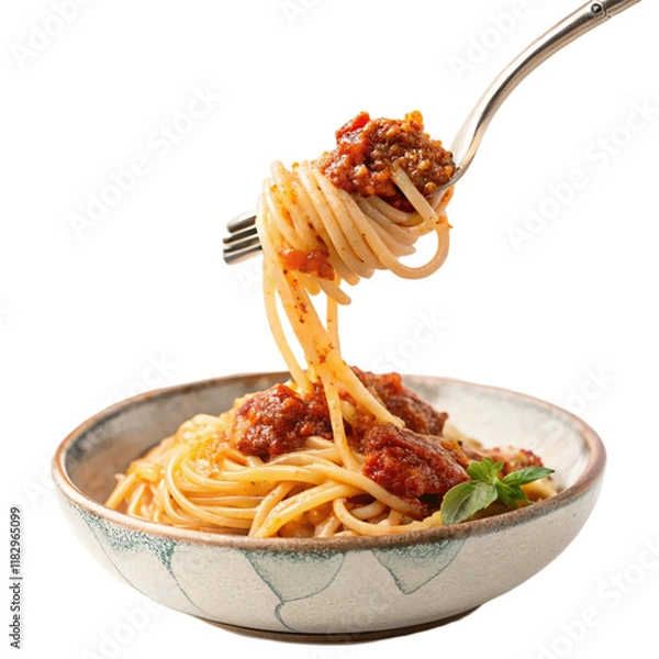 Fototapeta spaghetti with tomato sauce on a fork isolated transparent background