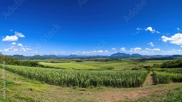 Fototapeta Panoramic View of Lush Green Sugarcane Fields Under a Bright Blue Sky